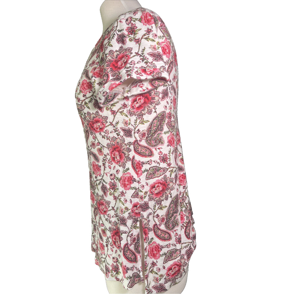 J Jill Pima V-neck Short Sleeve Cotton White Floral T-shirt SP Roses Pink White - Picture 2 of 4